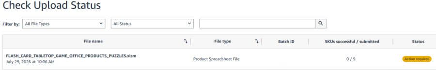 tm-review-e2-upload-status-1400 Amazon Check Upload Status: a flat file uploaded July 29, 2026 shows 0 of 9 SKUs successful and the status Action required