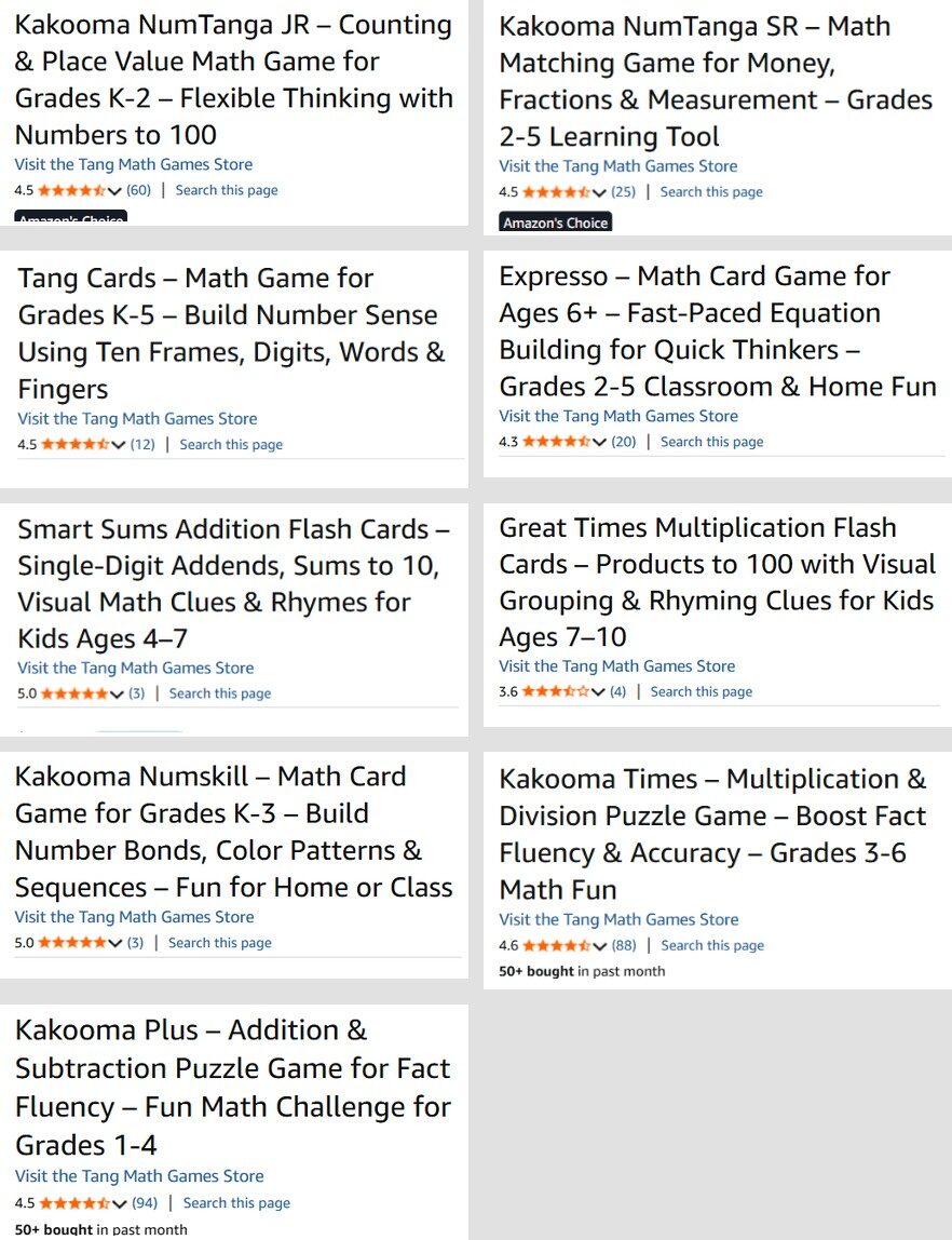 tm-review-e6-nine-detail-pages-882 Nine Amazon detail-page headers, each with the link Visit the Tang Math Games Store and a rating count