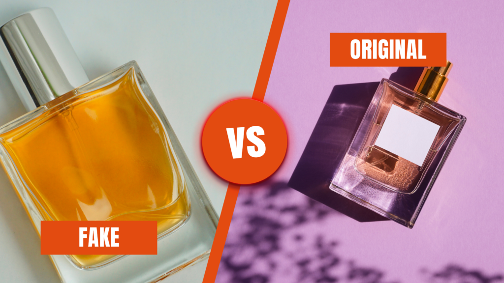 A photo showing the fake perfume on the left vs the original perfume on the right