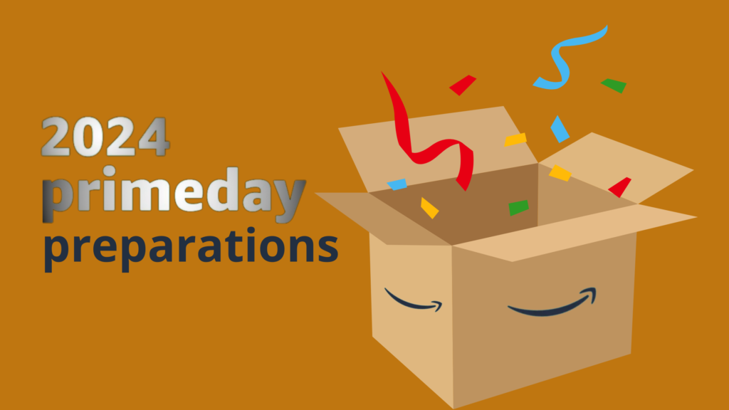 2024 Prime Day preparations text with an open box and confetti, featuring Amazon's iconic smile arrow logo, expressing excitement for Prime Day.