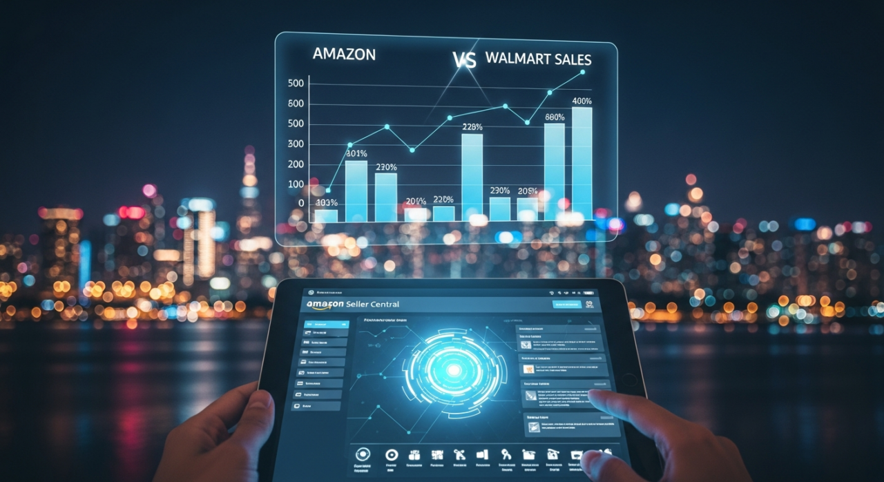 Set 1: Market Giant Comparison EHP CONSULTING AMAZON WALMART revenue net sales quarterly growth retail titans market standing competition analysis data verification