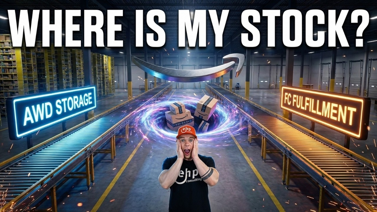 An EHP presenter in an Amazon fulfillment warehouse between conveyors labelled AWD Storage and FC Fulfillment, under the headline Where Is My Stock?