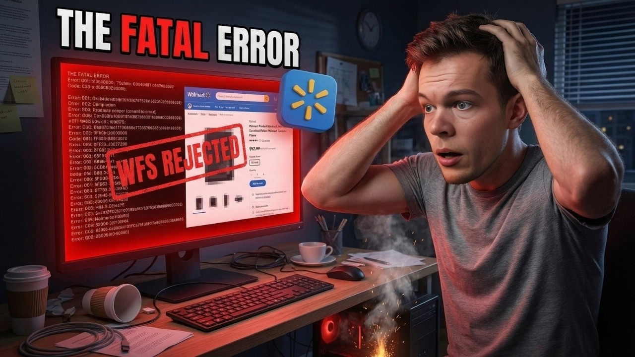 A frustrated seller at a computer showing a Walmart listing stamped WFS Rejected, under the headline The Fatal Error