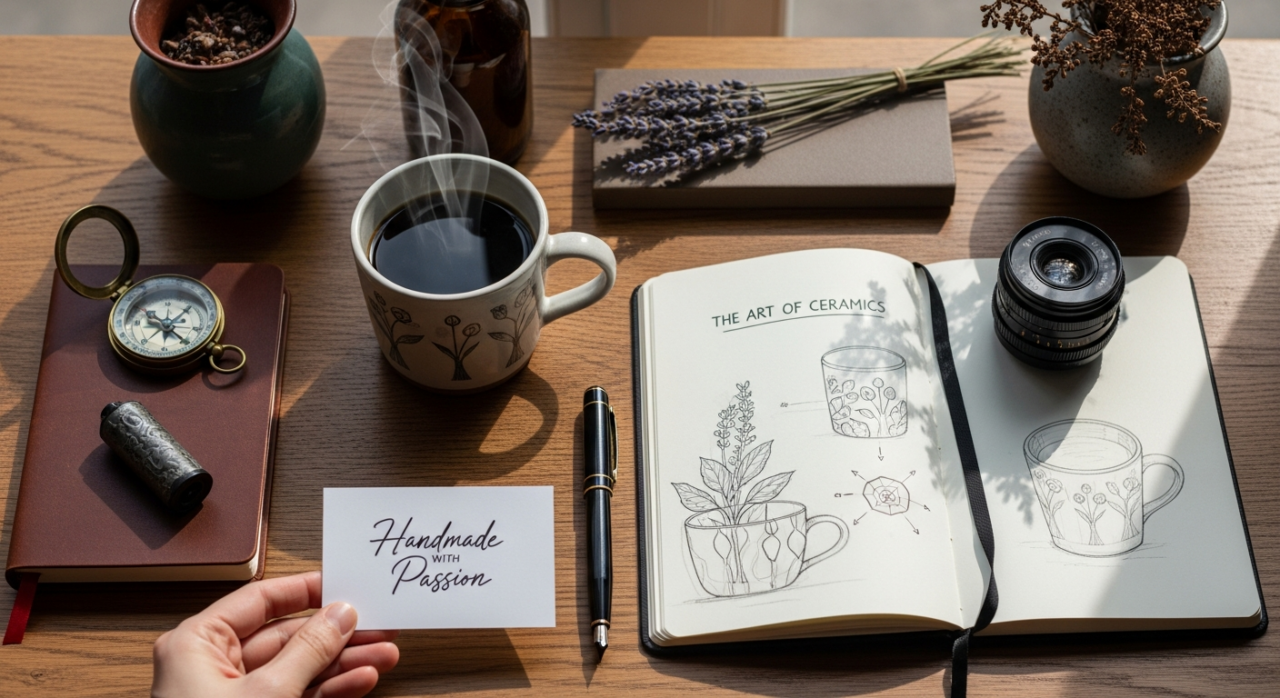 Desk with an open notebook, coffee mug and a handwritten card that reads Handmade Passion