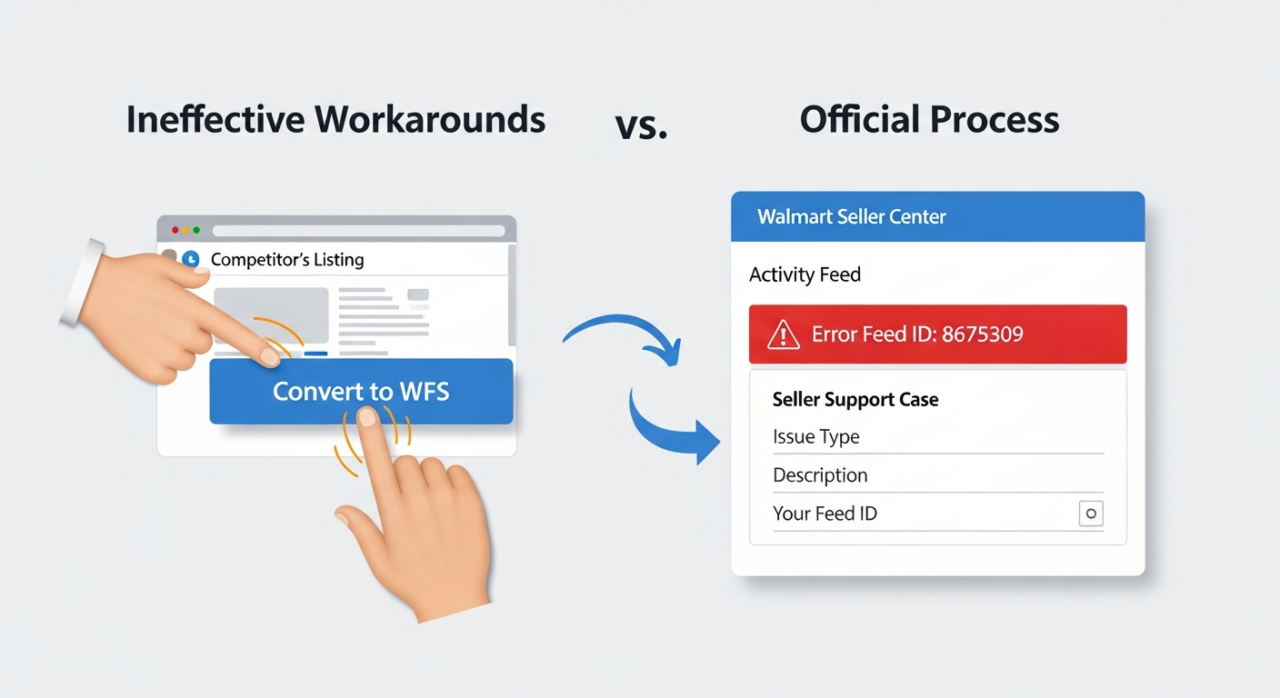 Diagram contrasting ineffective workarounds, such as clicking Convert to WFS on a competitor's listing, with Walmart's official process of opening a Seller Support case