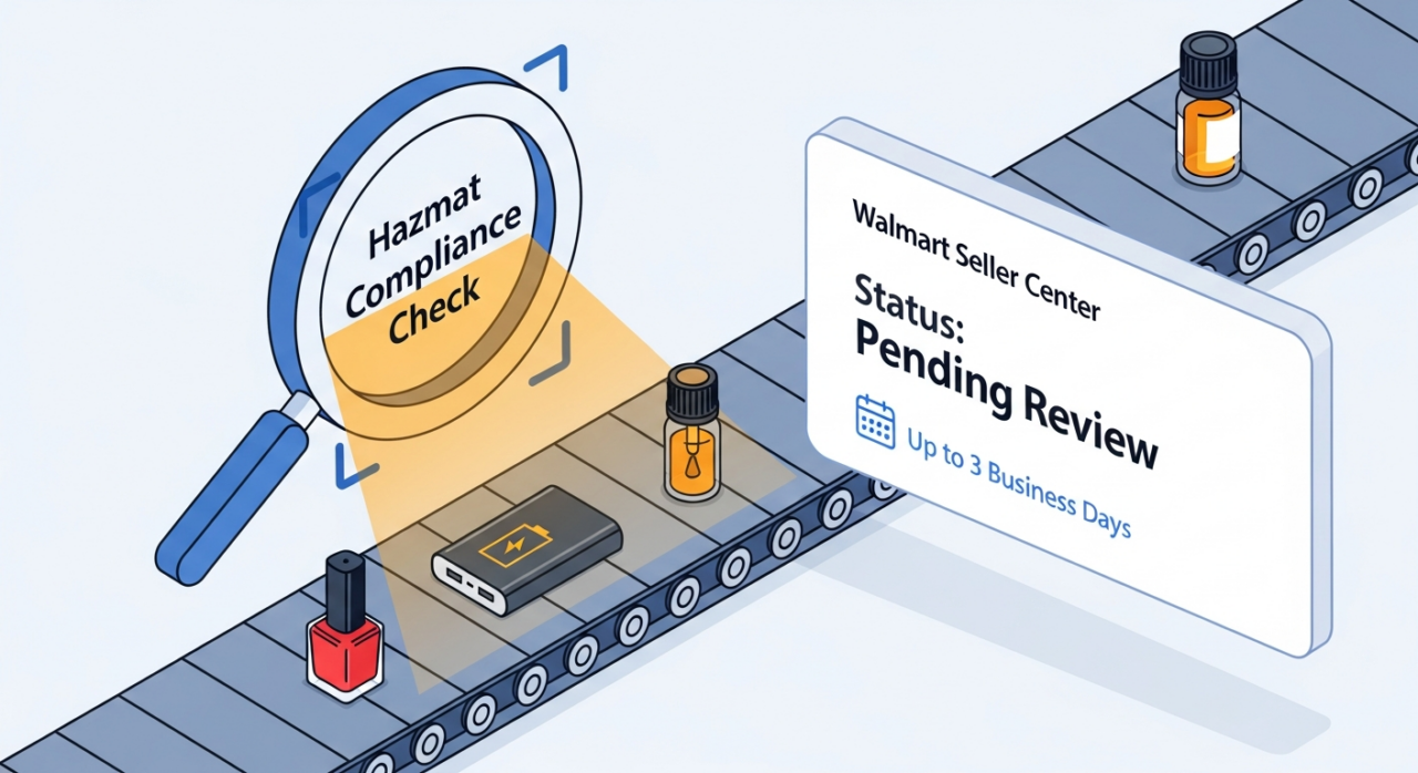 Illustration of a Hazmat Compliance Check magnifier over a conveyor belt of products, beside a Walmart Seller Center status of Pending Review