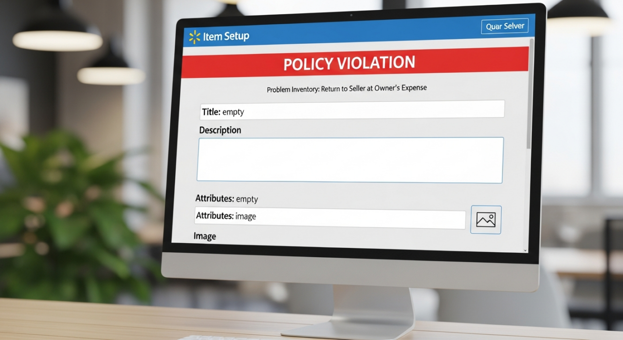 Computer monitor showing a Walmart item setup screen with a red Policy Violation banner and empty title, description and attribute fields