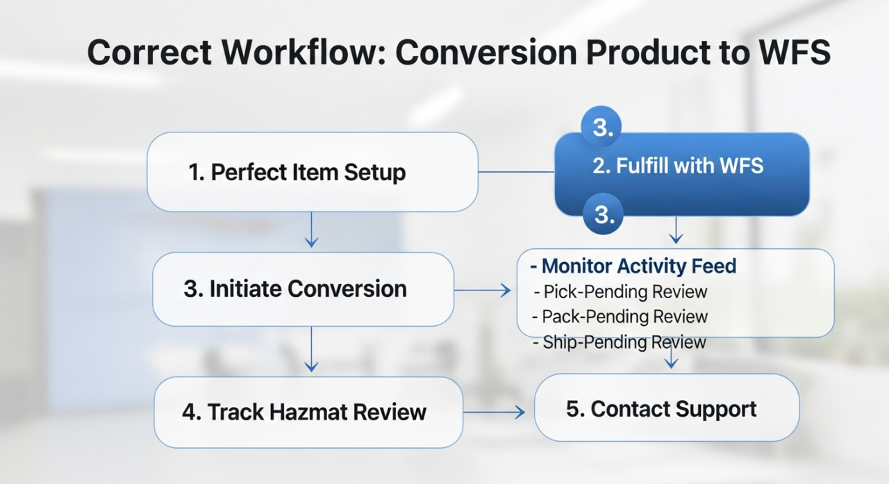 Flowchart titled Correct Workflow: Conversion Product to WFS, from perfect item setup to fulfilling with WFS, tracking Hazmat review and contacting support