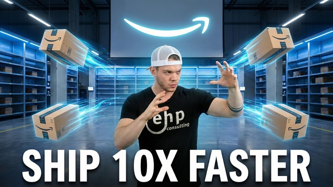 An EHP presenter in a warehouse surrounded by Amazon boxes, under the headline Ship 10X Faster