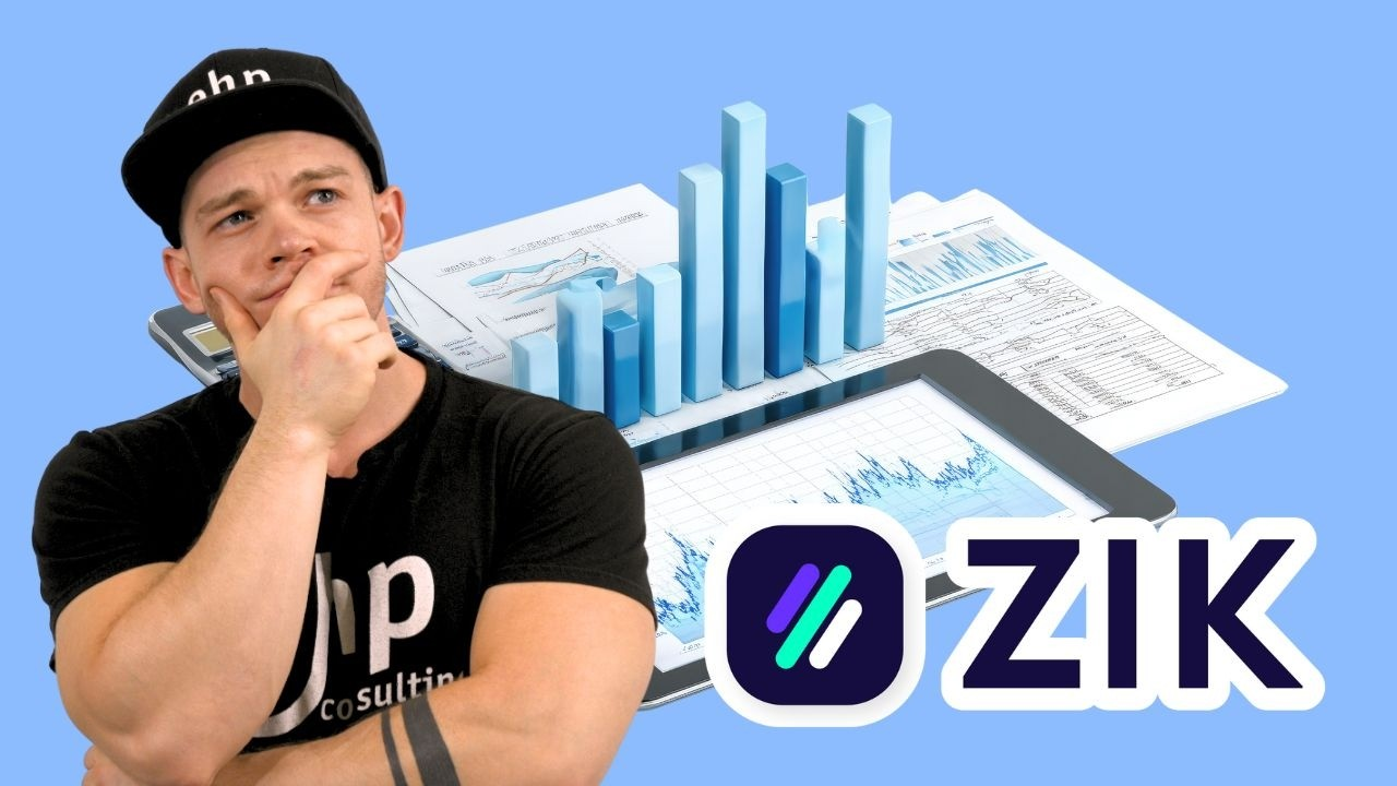 An EHP presenter beside sales charts and the ZIK logo, for eBay competitor analysis with ZIK Analytics