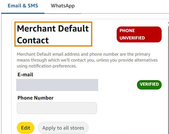 Amazon Seller Central Notification Preferences page, Merchant Default Contact card with its email field redacted and a PHONE UNVERIFIED badge