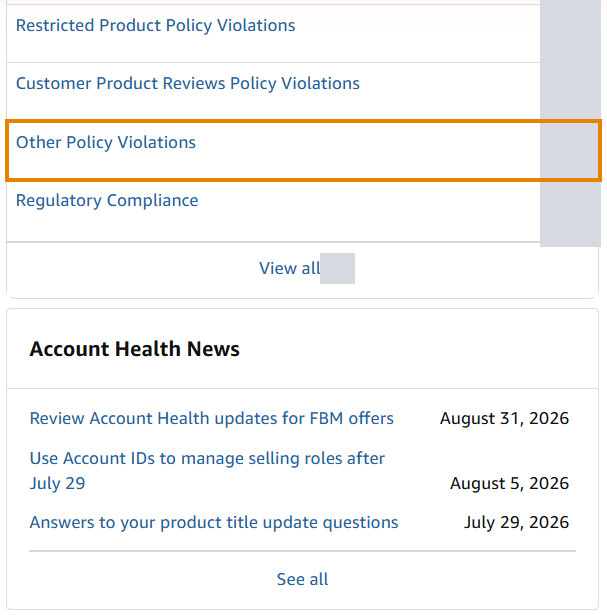 Other Policy Violations row and the Account Health News box in the Seller Central Account Health dashboard, listing the August 31, 2026 announcement