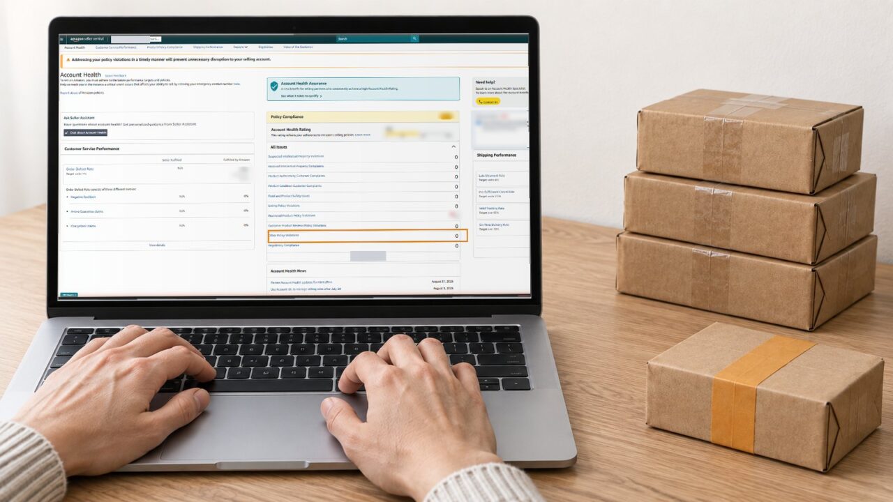 A laptop filling the desk shows the Amazon Seller Central Account Health dashboard with the Other Policy Violations row boxed, while three sealed parcels sit stacked behind and one parcel with an amber band waits alone in front; account figures are redacted