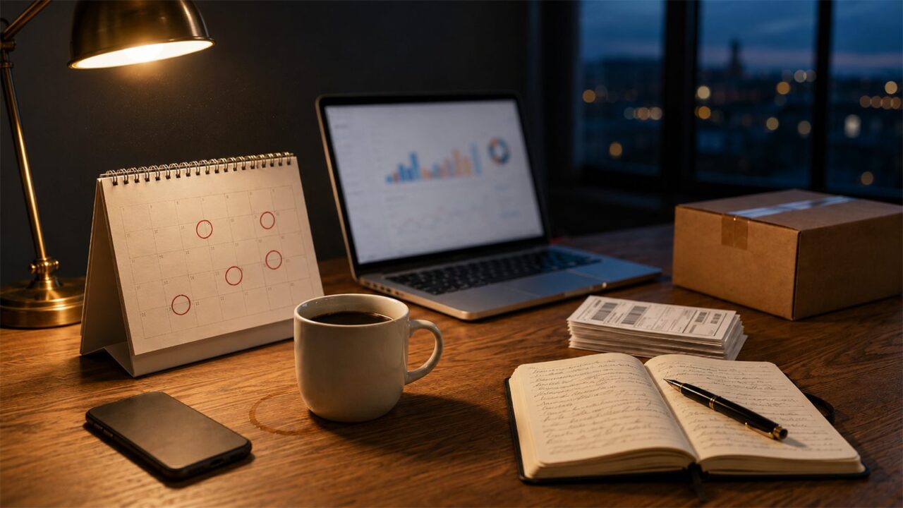 Late-night home office desk with a laptop dashboard and a September calendar with dates circled
