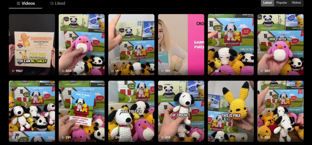 CrochetBuds TikTok recent videos grid Grid of recent CrochetBuds TikTok videos featuring crochet kit characters with view counts