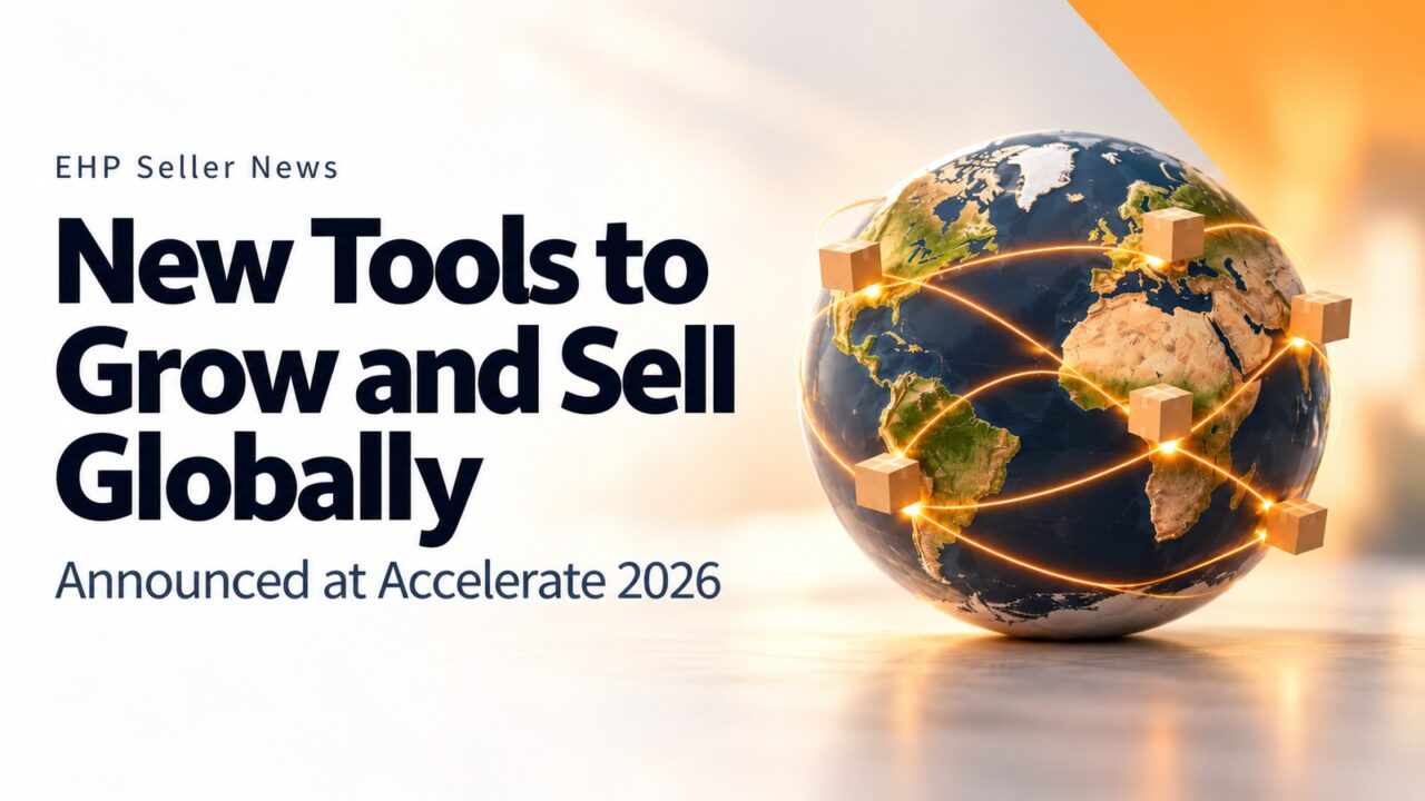Illustration: a globe wrapped in glowing orange routes linking shipping cartons, with the headline "New Tools to Grow and Sell Globally" and the line "Announced at Accelerate 2026"