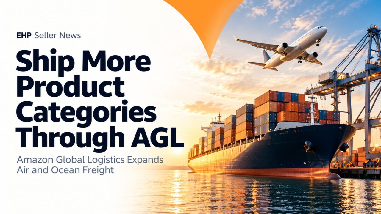 Illustration: a cargo container ship at a port with a cargo plane overhead, for Ship more product categories through AGL, Amazon Global Logistics