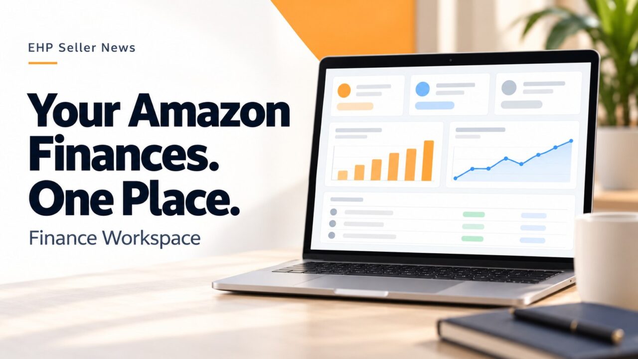 Illustration: a laptop on a desk showing a simplified finance dashboard, with the headline "Your Amazon Finances. One Place." and the line "Finance Workspace"
