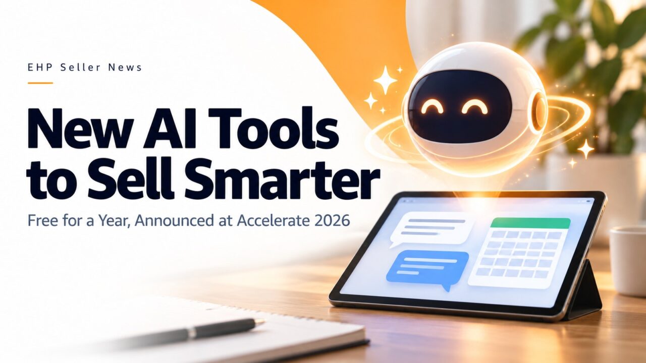 Illustration: a glowing AI assistant orb beside a tablet showing simple chat and spreadsheet icons on a desk, for New AI tools to sell smarter, announced at Amazon Accelerate 2026