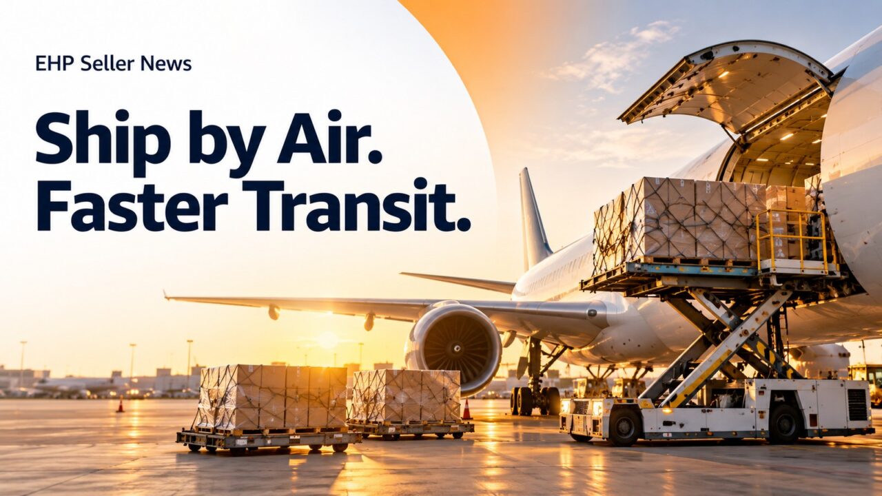 Illustration of a cargo jet being loaded with cartons on an airport apron at golden hour, headline: Ship by Air. Faster Transit.