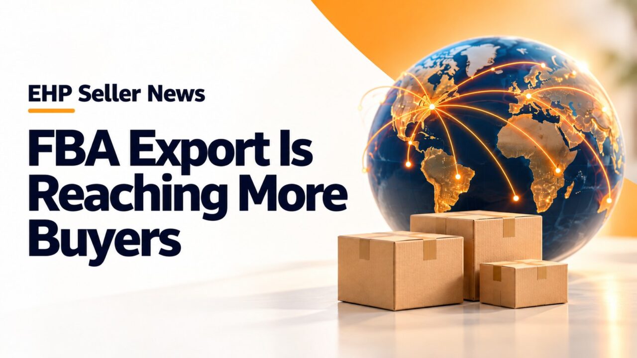 Illustration of a glowing globe with orange route arcs and plain cartons, headline: FBA Export Is Reaching More Buyers