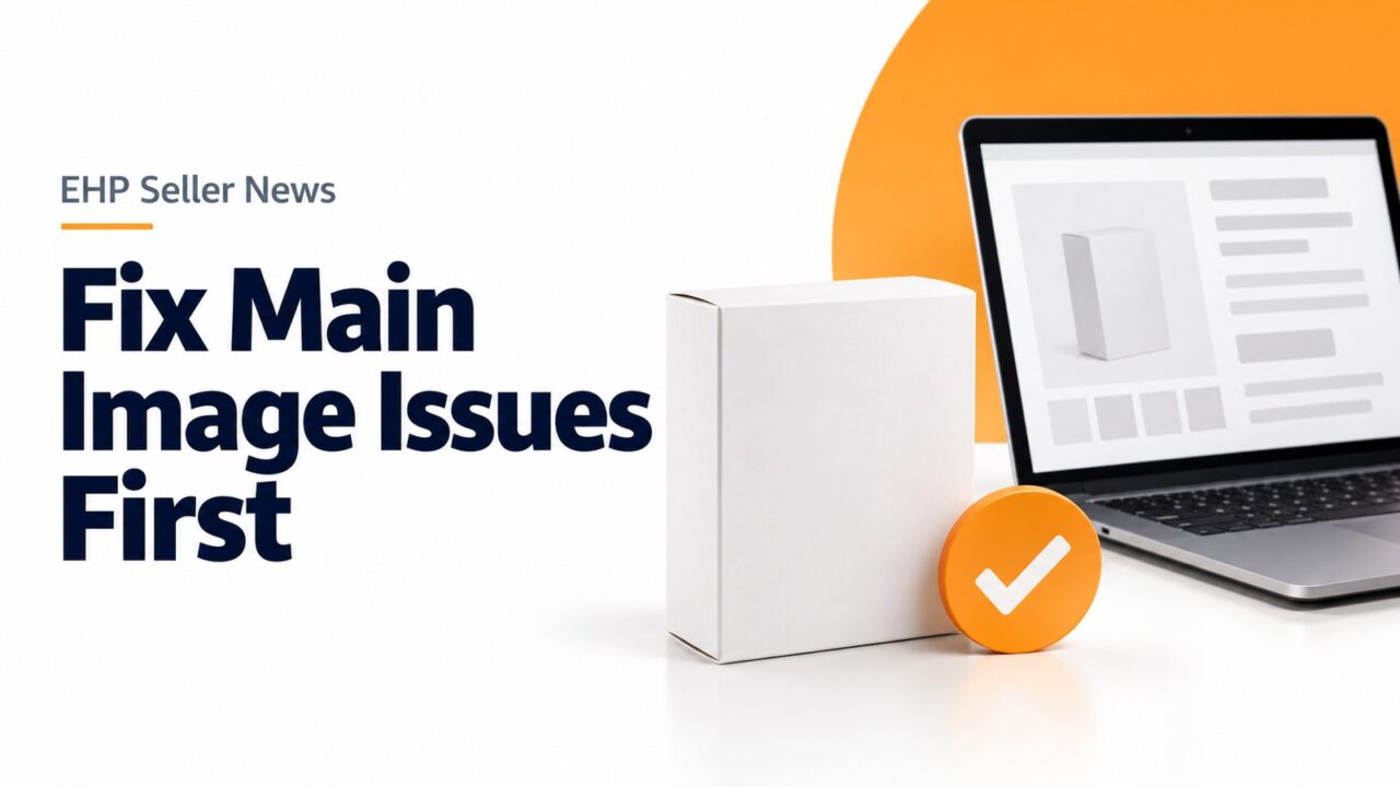 Illustration of a plain white product box with an orange checkmark beside a laptop, headline: Fix Main Image Issues First