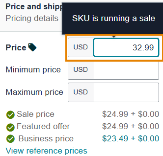 The Price box selected for editing on a Manage All Inventory row, showing 32.99, with Minimum price and Maximum price below it and the note SKU is running a sale