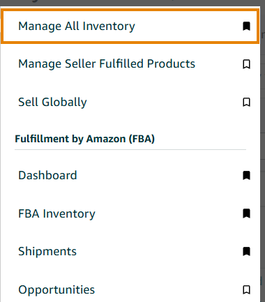 The Seller Central Inventory submenu with Manage All Inventory highlighted as its first item, above Manage Seller Fulfilled Products and the Fulfillment by Amazon group