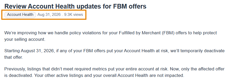 Amazon Seller News article Review Account Health updates for FBM offers: the headline, the Account Health badge with the August 31, 2026 date highlighted, and the first paragraphs, as shown inside Seller Central
