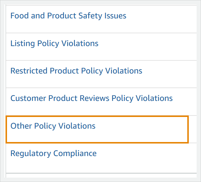 Bottom six rows of the All Issues list on the Account Health dashboard, with Other Policy Violations outlined in orange by us