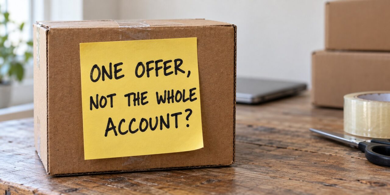 A yellow sticky note on a taped cardboard shipping box, handwritten in marker: ONE OFFER, NOT THE WHOLE ACCOUNT?