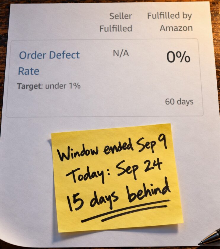 Paper with the Order Defect Rate card, N/A and 0%, above a sticky note: Window ended Sep 9, today Sep 24, 15 days behind