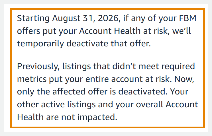 Amazon's Seller News post on FBM offers, with the paragraphs about deactivating only the affected offer outlined in orange by us