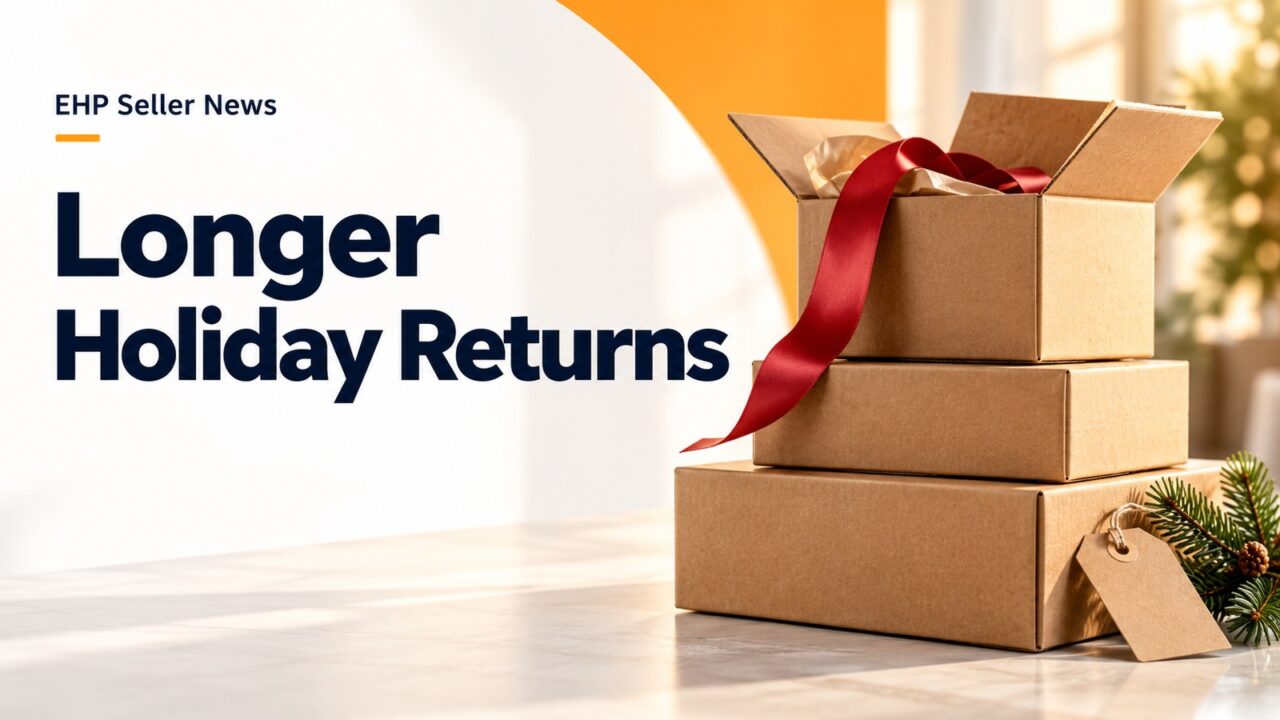 Kraft shipping boxes with a red ribbon and evergreen sprig beside the headline Longer Holiday Returns