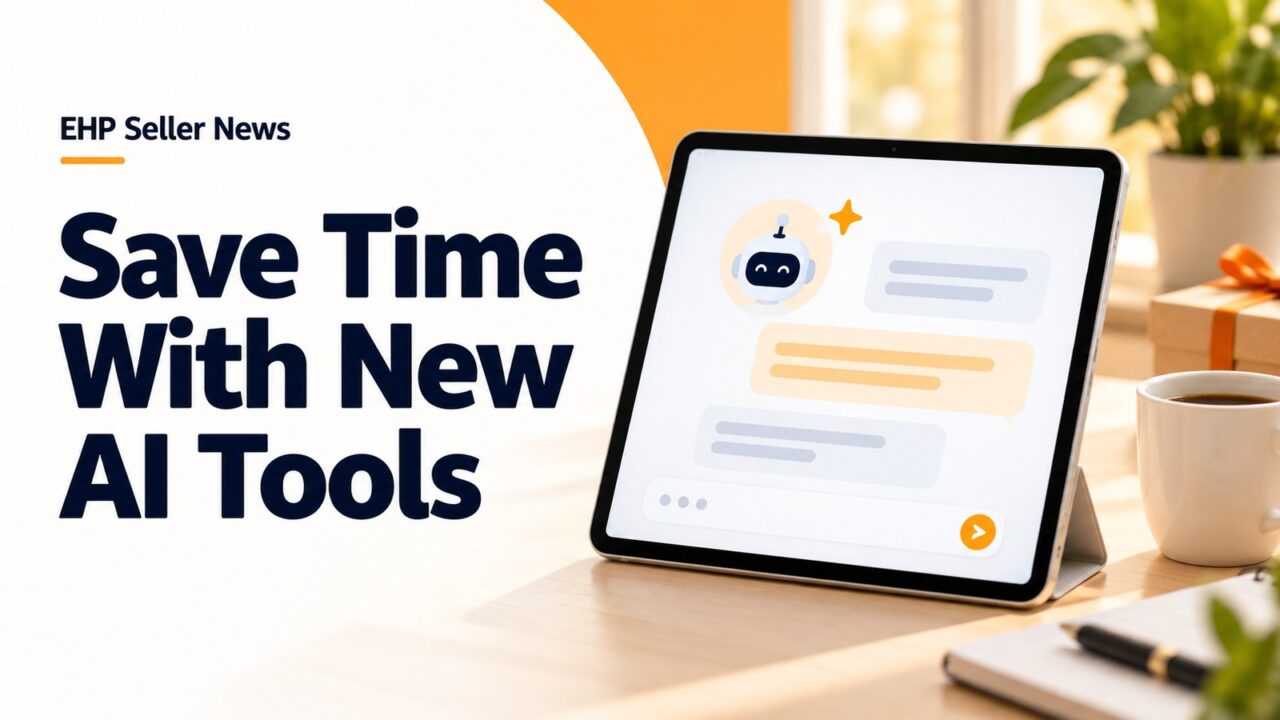 Tablet showing an abstract assistant chat beside the headline Save Time With New AI Tools