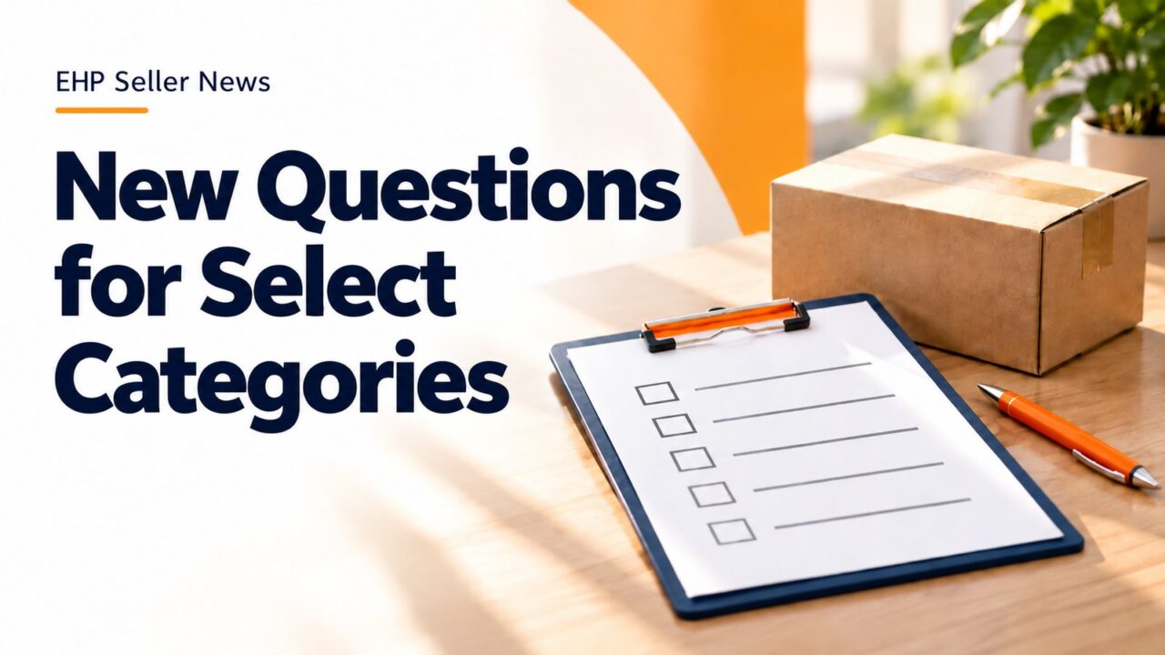 Illustration of a clipboard with an empty checklist, an orange pen and a shipping carton on a desk, headline: New Questions for Select Categories
