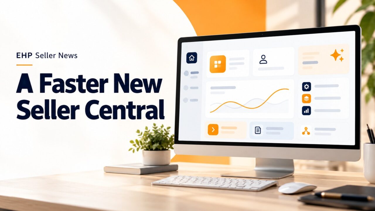 Illustration of a desktop monitor showing a modular dashboard of rounded tiles with an assistant sparkle, headline: A Faster New Seller Central