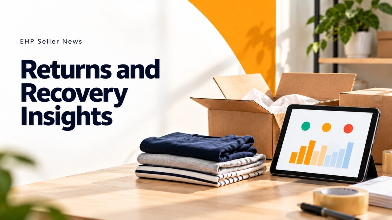 A returns packing station with open cartons, folded clothing and a tablet showing abstract colored bars and three status dots, beside the headline Returns and Recovery Insights