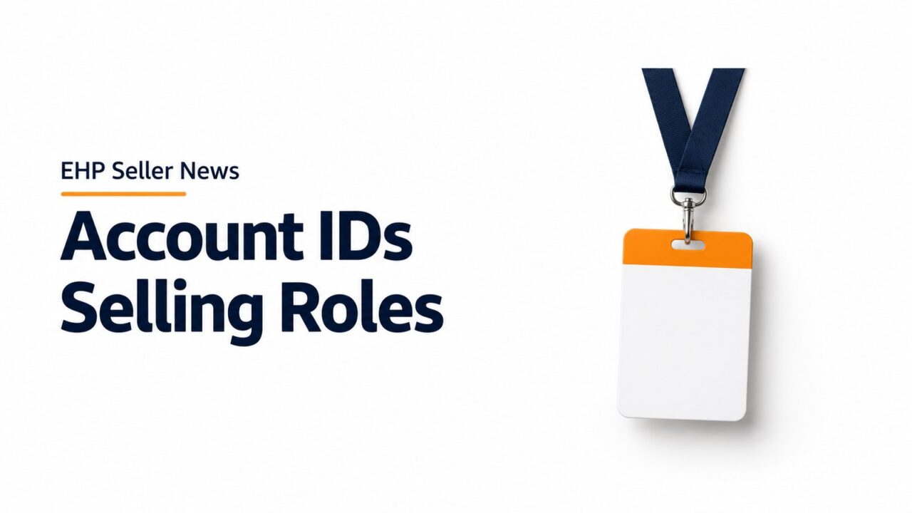AI illustration of a blank white badge with an orange stripe on a navy lanyard, headline "Account IDs Selling Roles", EHP Seller News.