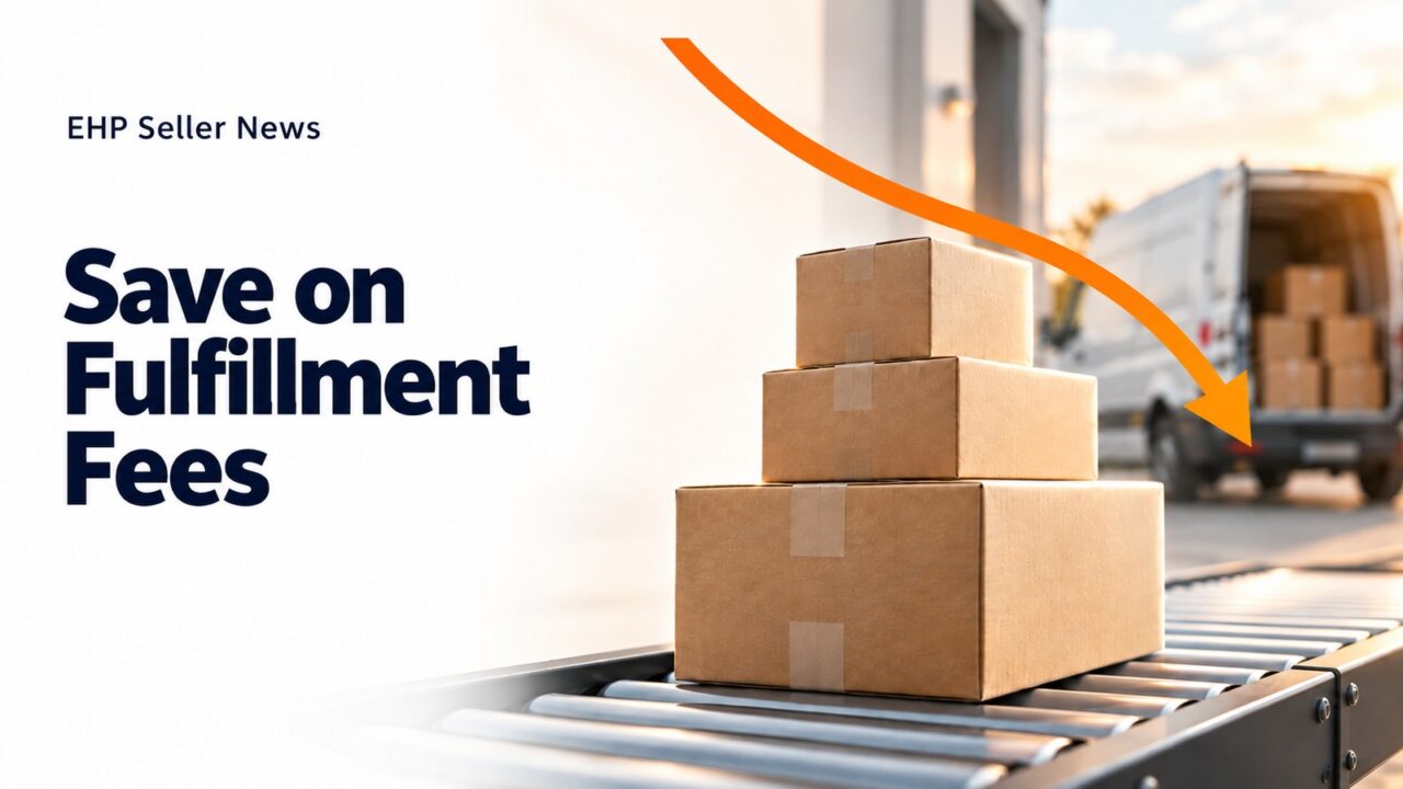 Stacked shipping cartons on a roller conveyor with a delivery van behind them and an orange downward arrow, beside the headline Save on Fulfillment Fees