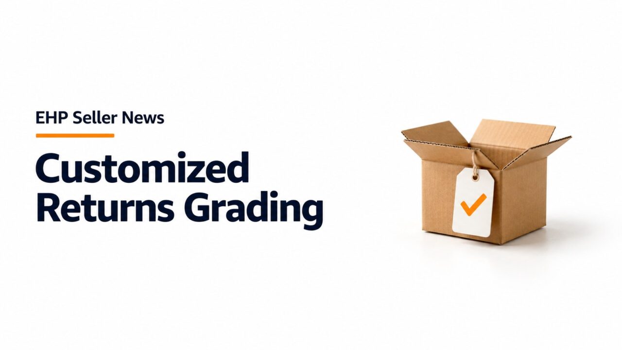 AI illustration of a small open cardboard box with a tag showing an orange check mark, headline "Customized Returns Grading", EHP Seller News.