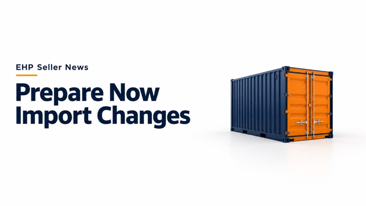 AI illustration of a navy and orange shipping container, headline "Prepare Now Import Changes", EHP Seller News.