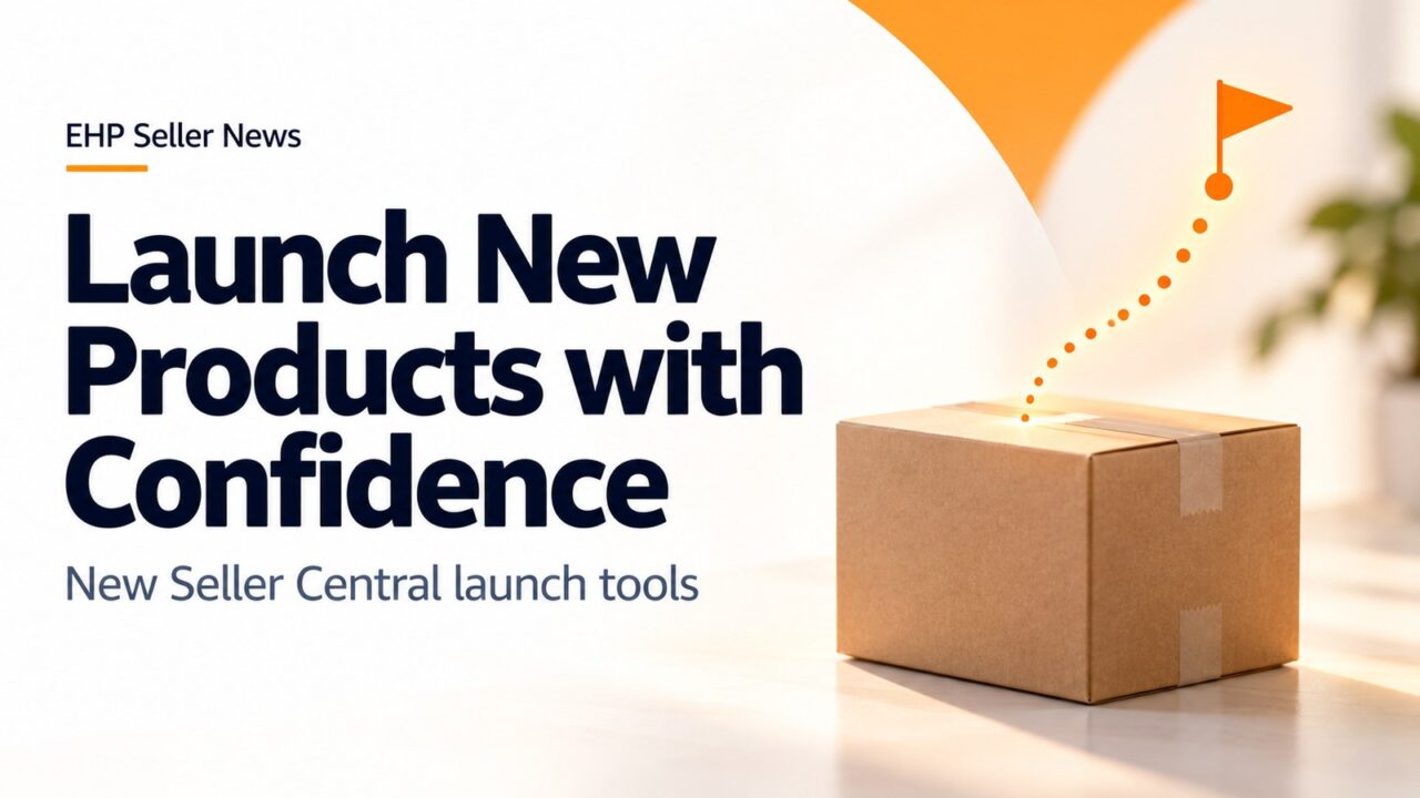 Plain shipping carton with a glowing orange dotted path rising to a small flag, beside the headline Launch New Products with Confidence