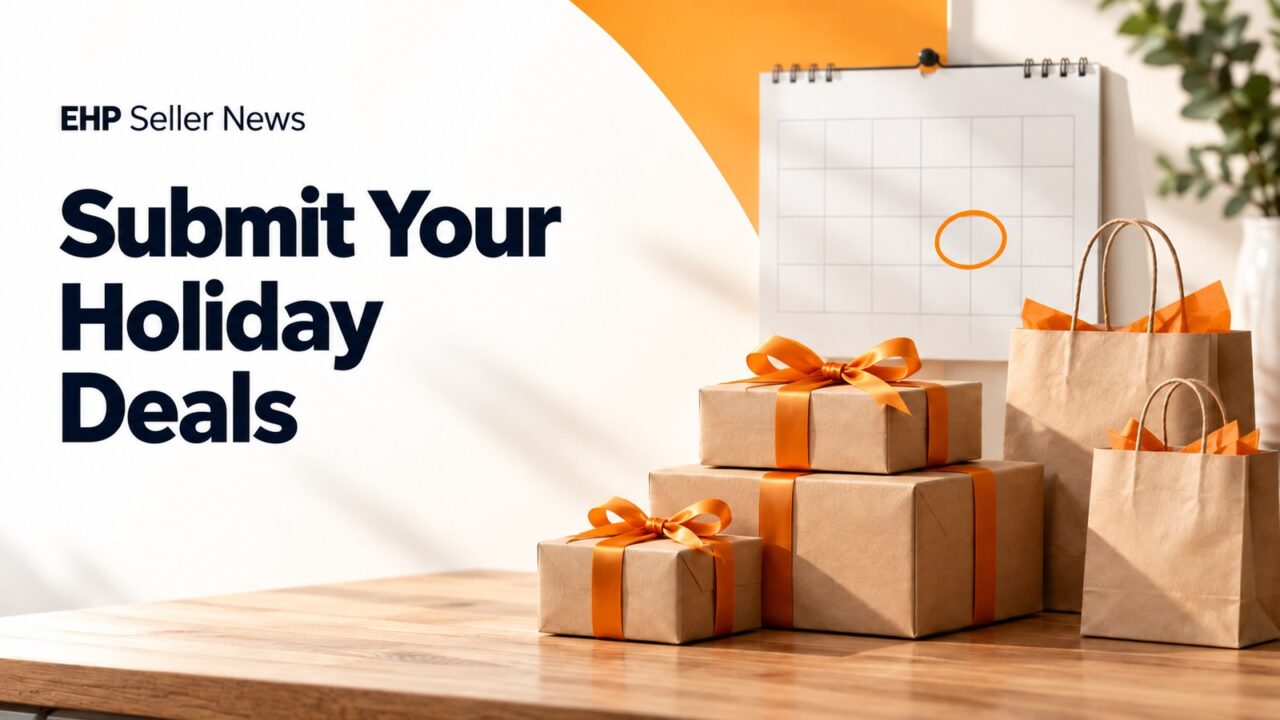 Gift-wrapped cartons with orange ribbon and paper shopping bags on a wooden table in front of a wall calendar with one circled day, beside the headline Submit Your Holiday Deals