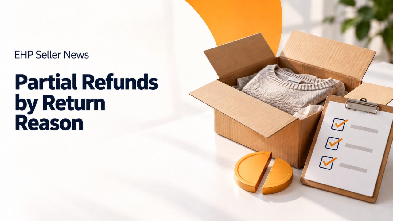 An open cardboard return box with a folded sweater, a checklist clipboard with three ticks and a split coin, next to the headline Partial Refunds by Return Reason
