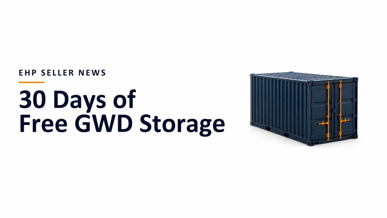 A navy shipping container with orange door handles beside the headline 30 Days of Free GWD Storage