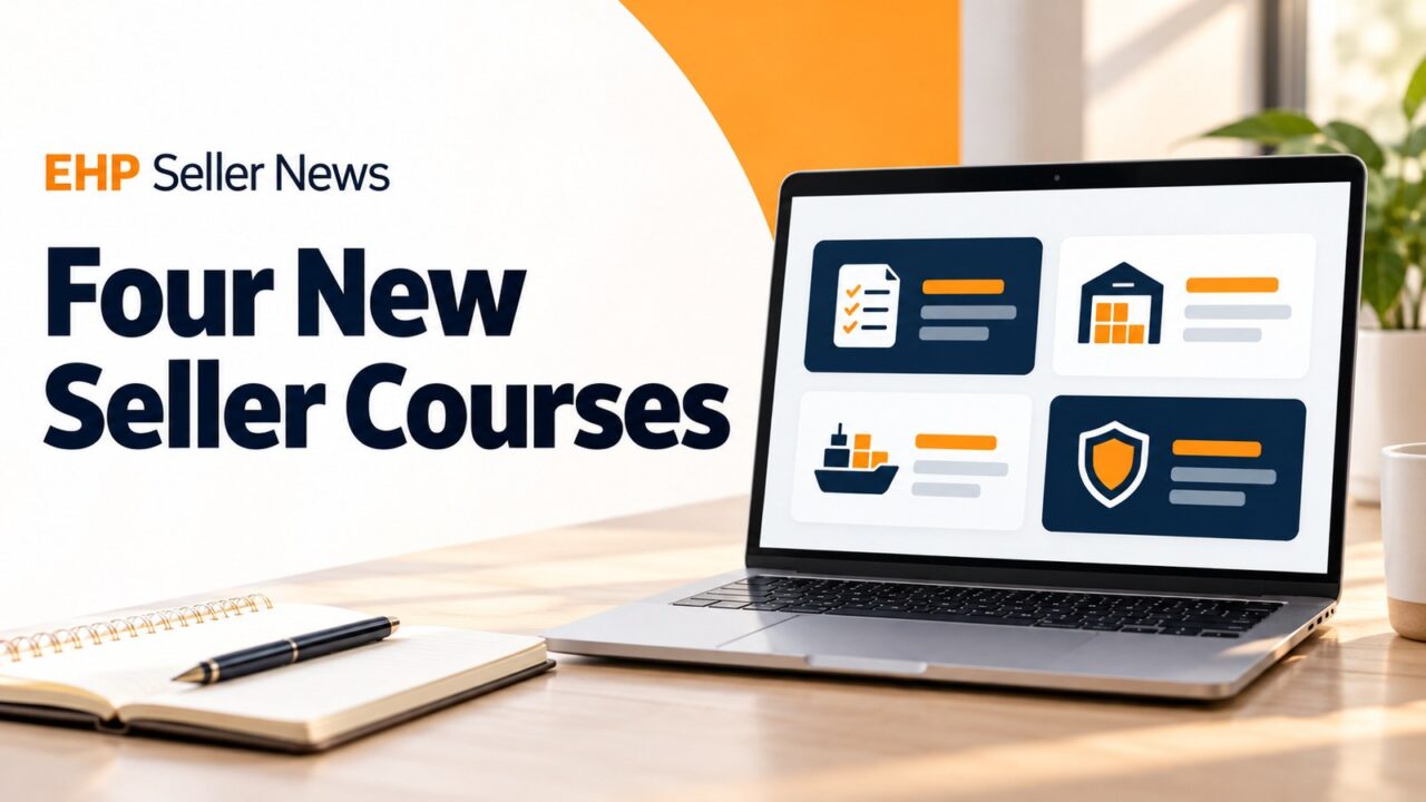 A laptop showing four course cards with a checklist, warehouse, ship and shield icons beside a notebook, with the headline Four New Seller Courses