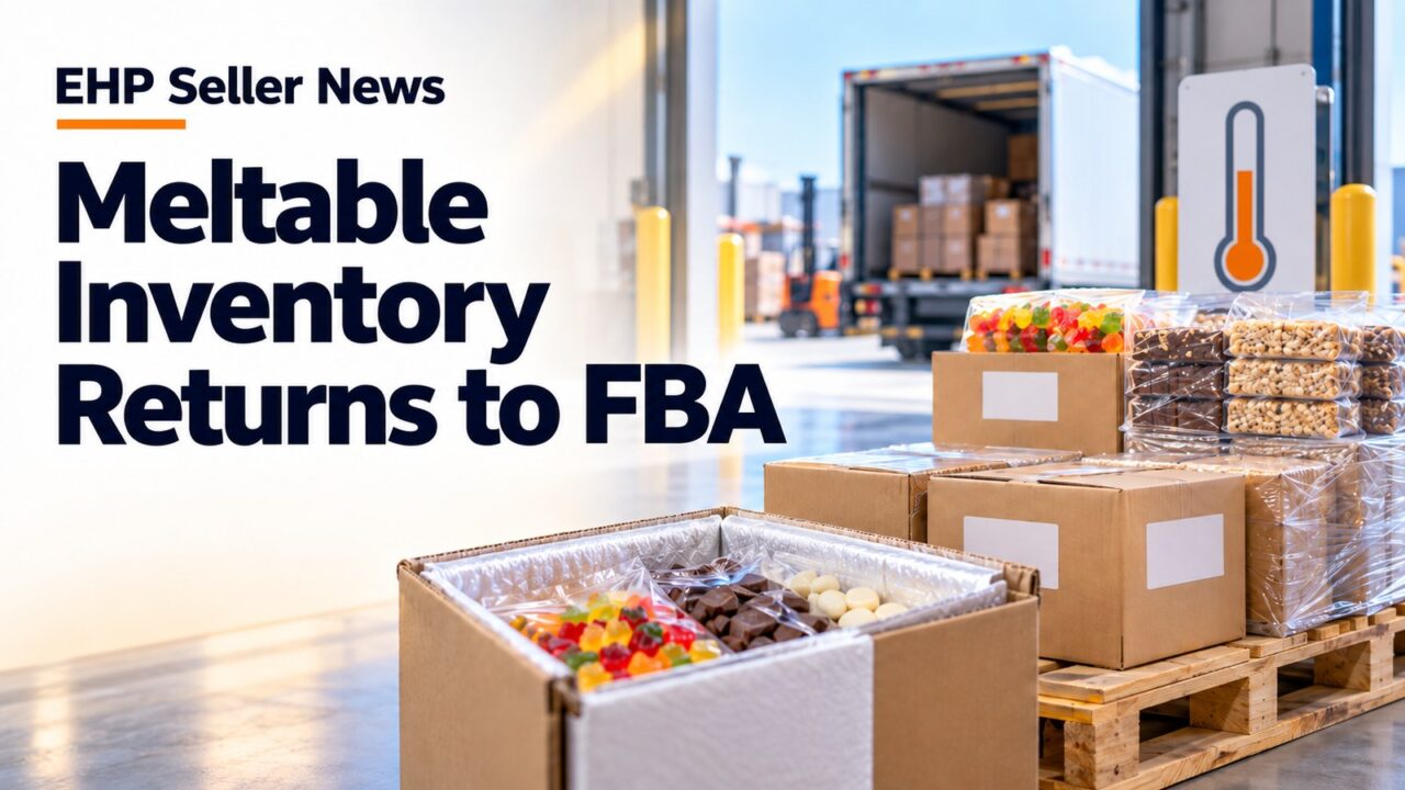 An insulated carton of gummies and chocolates and a pallet of snack boxes at a warehouse dock beside a thermometer sign, with the headline Meltable Inventory Returns to FBA