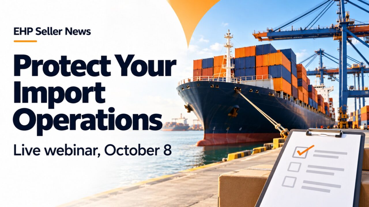 Cargo ship with stacked containers at a port beside a checklist, with the headline Protect Your Import Operations and Live webinar, October 8