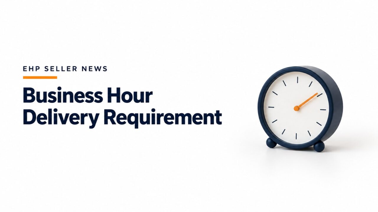 A navy desk clock with an orange hand beside the headline Business Hour Delivery Requirement